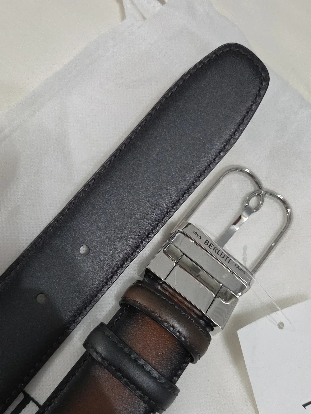 Berluti Reversible Brown & Black Leather Belt Silver Buckle